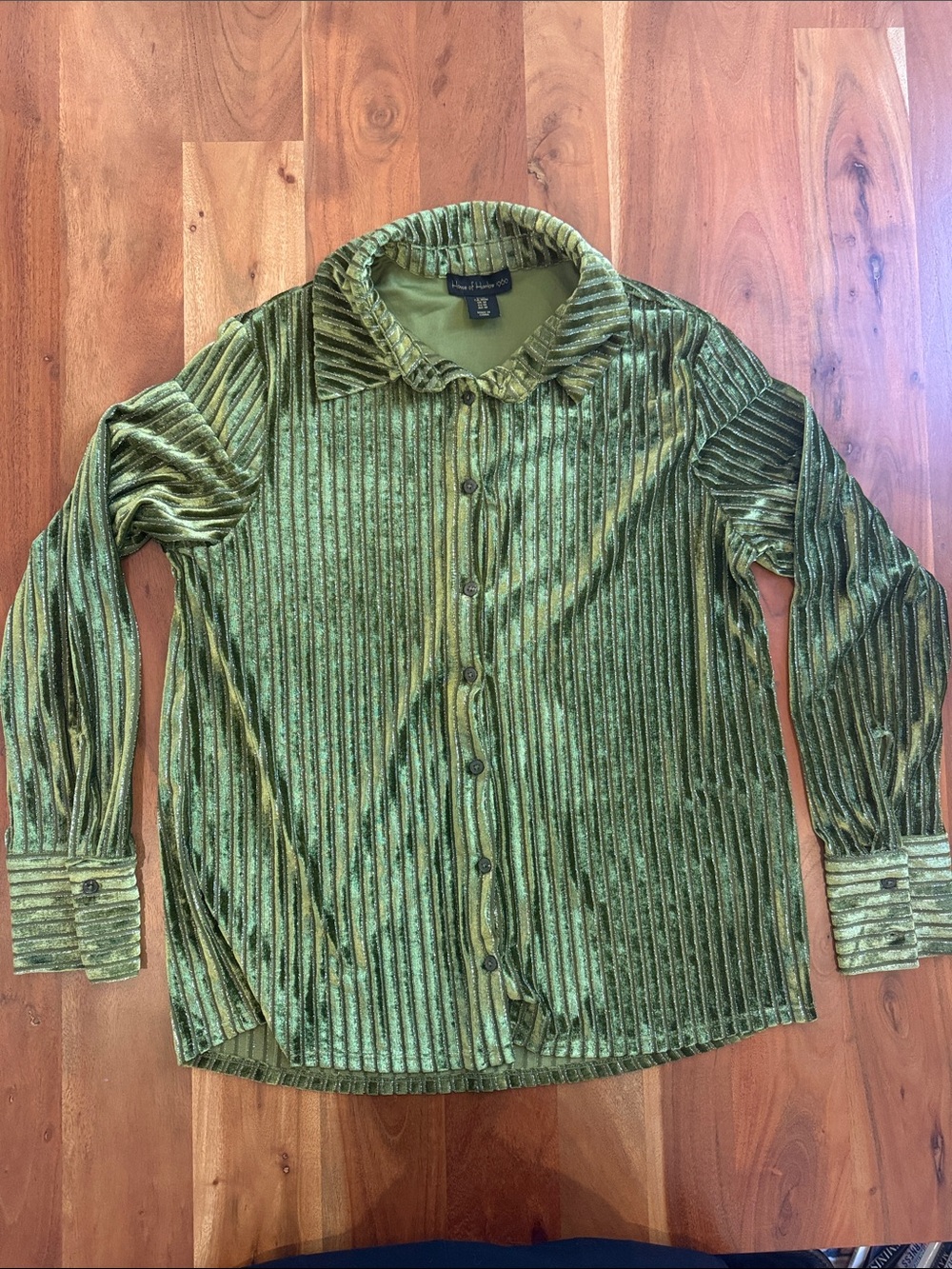 House of Harlow 1960 Olive Green Ribbed Metallic Velvet Button-Up Shirt
